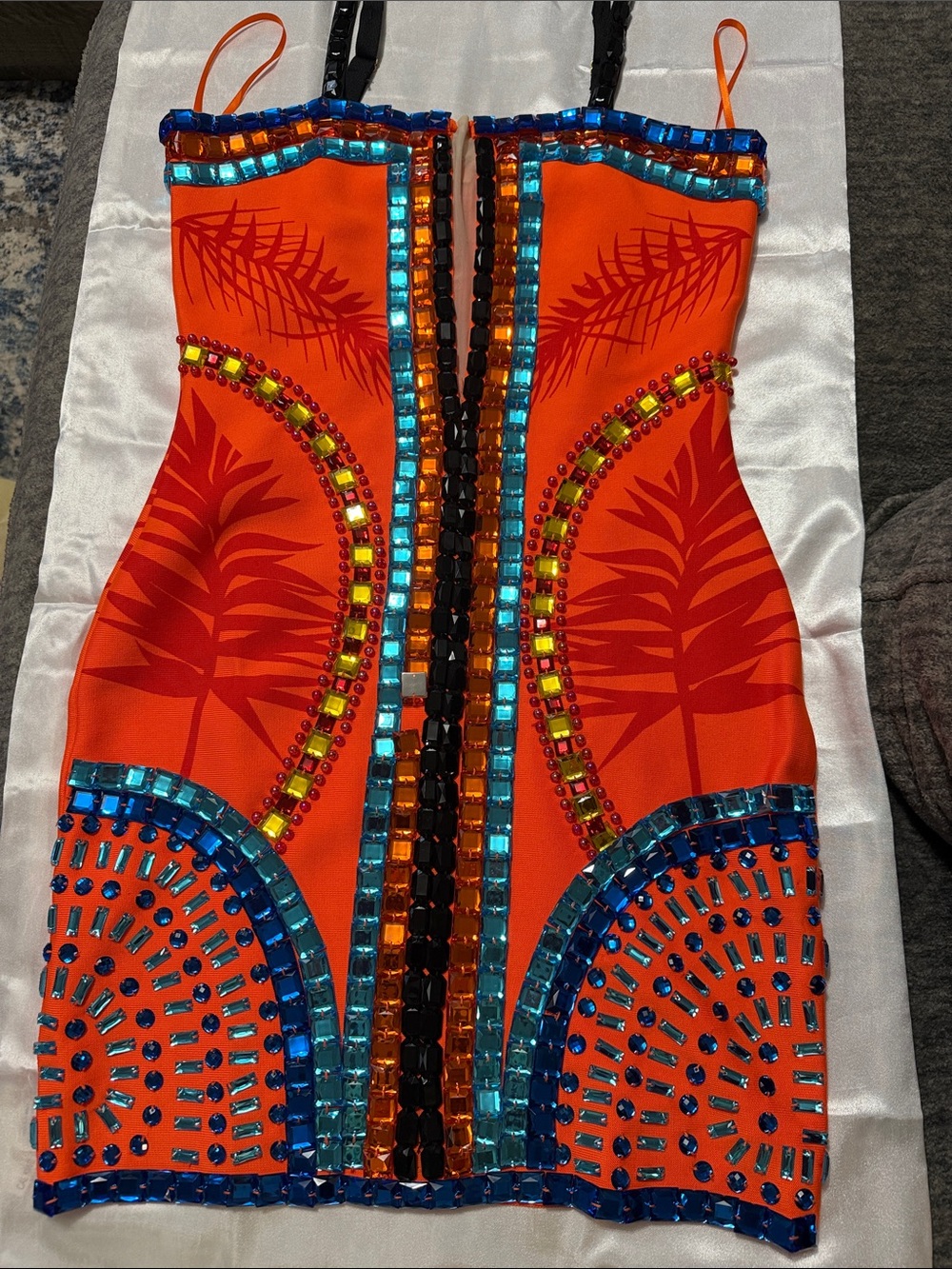 Women's Orange Embellished Beaded Bodycon Dress